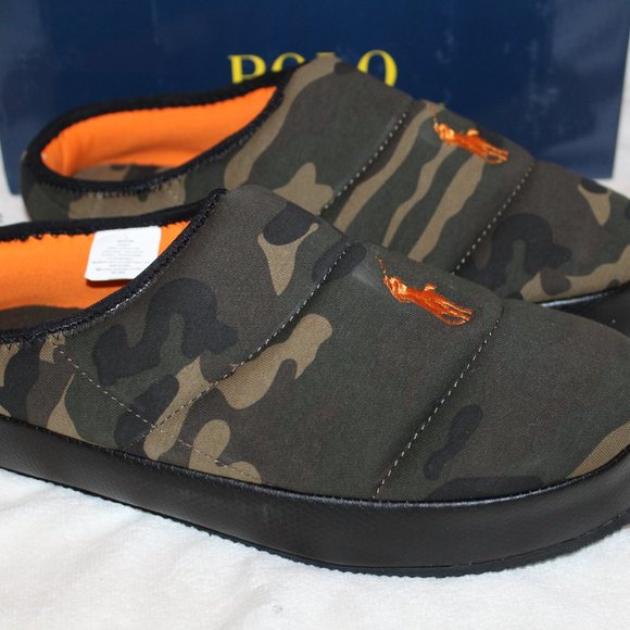 NIB POLO‎ RALPH LAUREN MEN\'S CAMOUFLAGE PUFFER SLIP ON SLIPPERS GREEN ORANGE main image 6